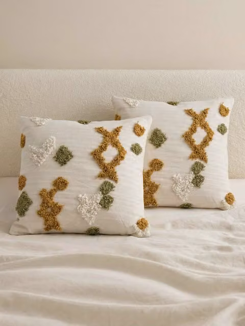 Set di 2 cuscini quadrati Sira Kenay Home in cotone, fantasia grafica giallo, verde e bianco, 45 x 45 cm