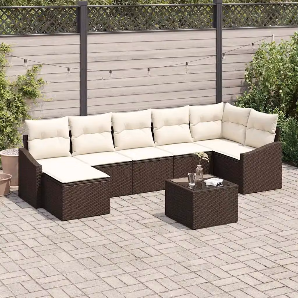 Set di divani da giardino vidaXL 8 pezzi in rattan marrone con cuscini beige e tavolino da esterno – 1
