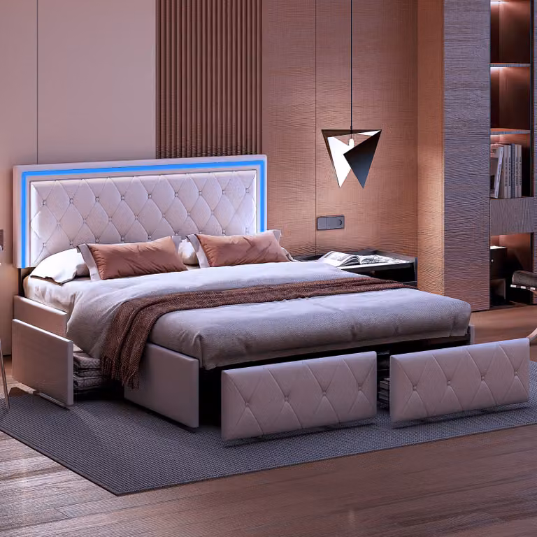 Letto imbottito 140x200cm con LED, testata regolabile in altezza e 4 cassetti, letto matrimoniale funzionale con rete a doghe e rivestimento in velluto in bianco