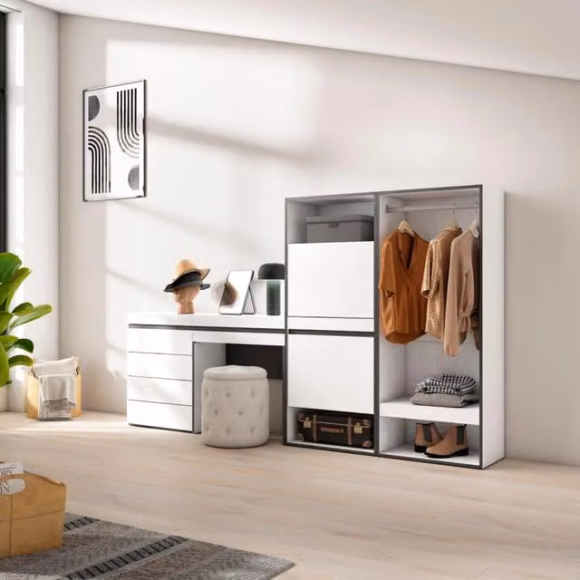 Scarpiera, 247x35x145cm, Camera da letto, Armadio Aperto, Cassettiera, Tavolo da toeletta, Bianco RF3500
