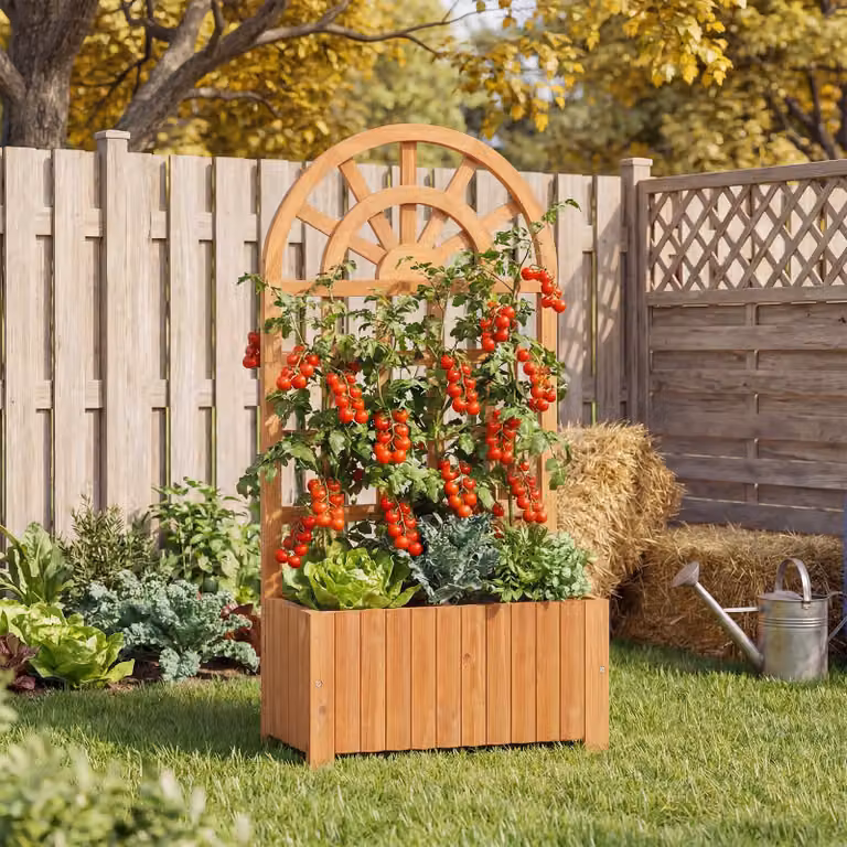 Letto da giardino rialzato in legno con traliccio per piante rampicanti Costway, Vaso da esterno marrone per fiori, verdure ed erbe aromatiche
