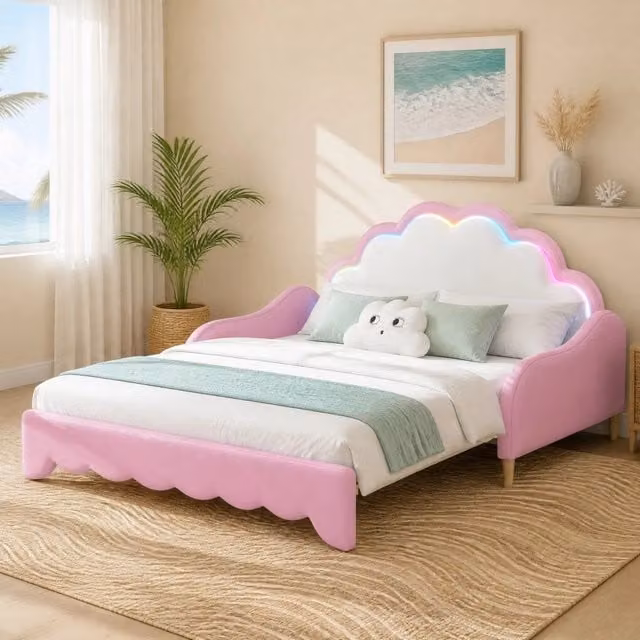 Divano letto Mivray rosa con testiera LED controllabile tramite app, rivestimento in ecopelle e struttura in MDF, L/P/H: 220 x 140 x 103,5 cm