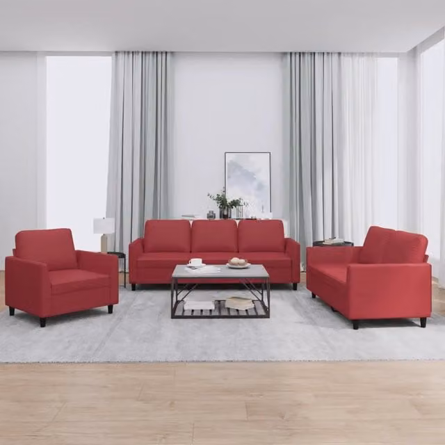 Set di divani 3 pezzi vidaXL in similpelle rossa con cuscini per soggiorno moderno