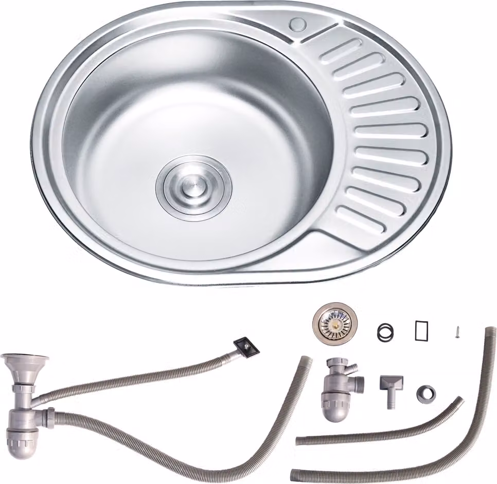 Lavello da incasso in acciaio inox 57x45 cm, vasca rotonda a sinistra, ripiano e sifone a destra