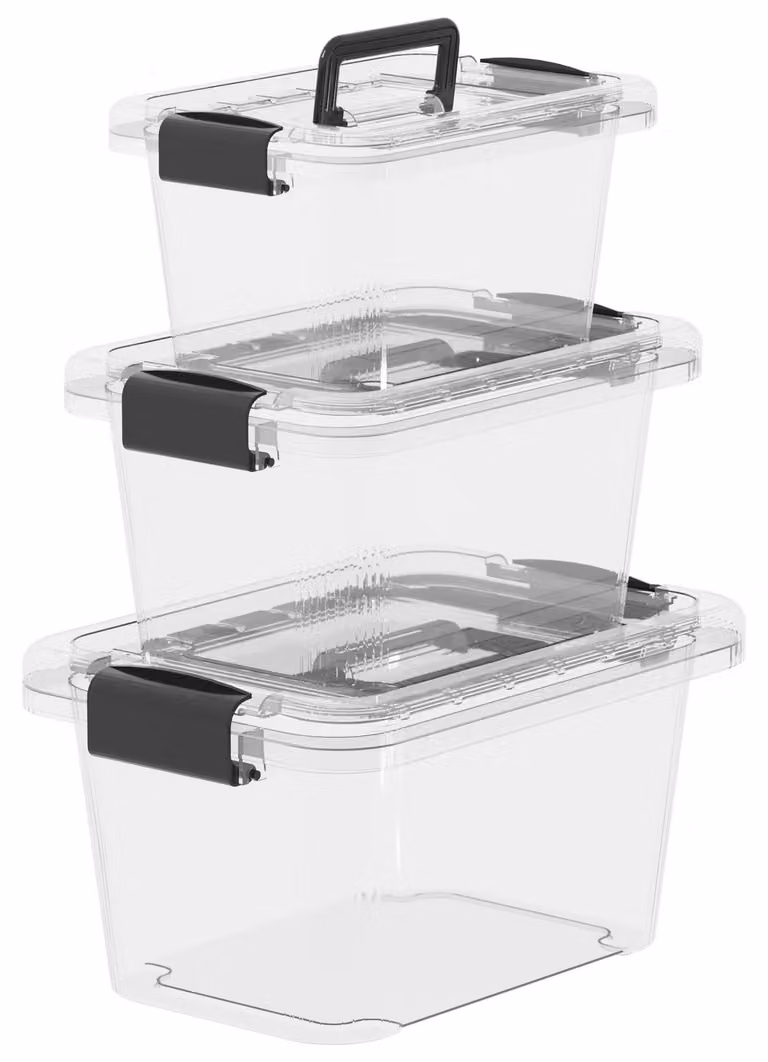 Omgoods - Contenitori portaoggetti - Contenitori in plastica impilabili - Con coperchi e maniglie - Plastica trasparente - Perfetti per l'organizzazione - Confezione da 3: 6L, 10L, 18L