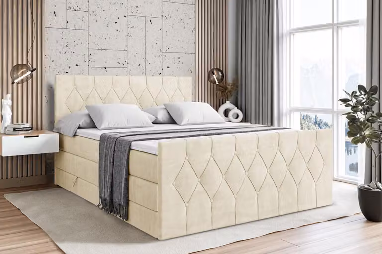 Letto boxspring ALTDECOR con materasso e rete a doghe - VELANTO KING - 140x200 cm - Beige Monolith - Coprimaterasso, pediera, letto imbottito con contenitore, letto con vano portaoggetti H3 e H4 - Materasso, letto matrimoniale, letto boxspring