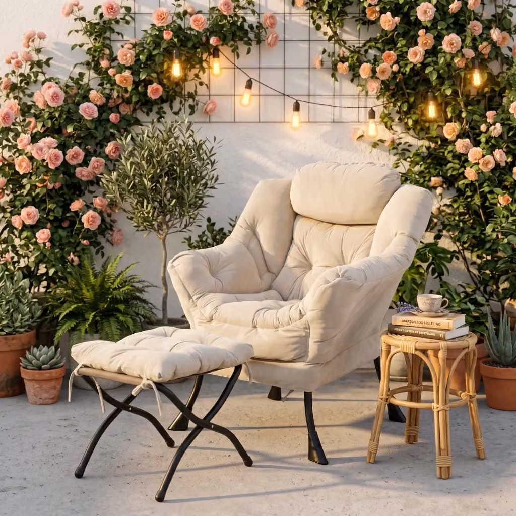 Poltrona relax MIVRAY con poggiapiedi pieghevole in tessuto beige, braccioli imbottiti e struttura in metallo – 2