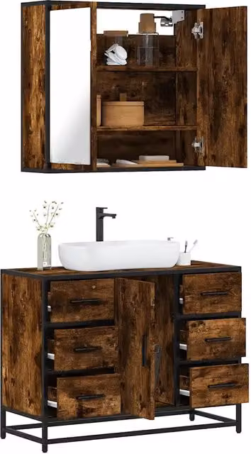 Set di mobili da bagno vidaXL in stile industriale composto da mobile lavabo e armadietto con specchio in legno rovere e metallo, colore marrone – 2