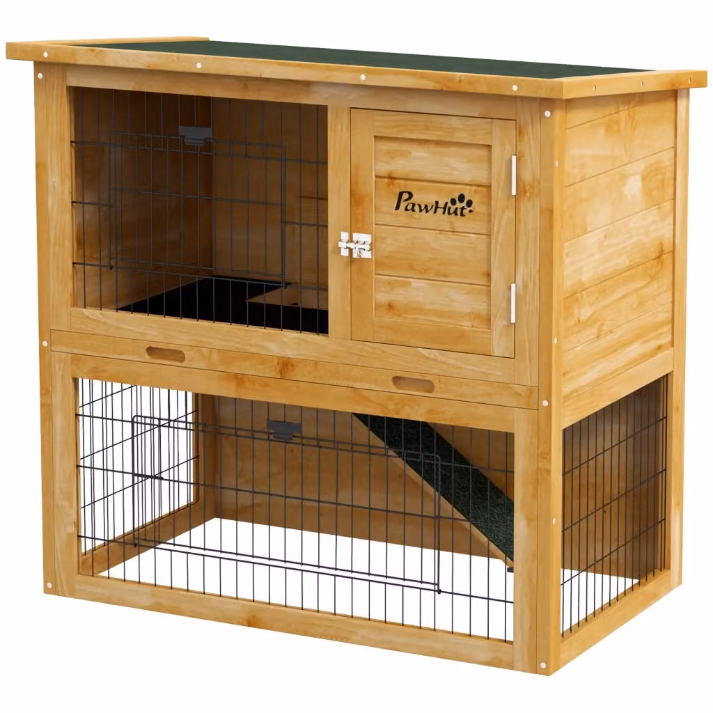 Gabbia per conigli XYLO in legno di abete giallo con 2 piani, 3 porte, vassoio estraibile, rampa e tetto bitumato, L: 85 cm, P: 50 cm, H: 80 cm – 2