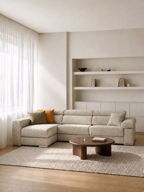 Divano Dolmen Kenay Home con chaise longue sinistra, 4 posti, reclinabile ed estraibile, colore perla, L: 298 cm