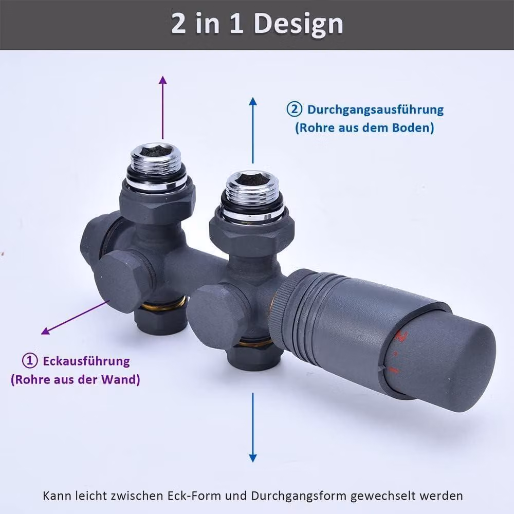 Set di termostati per radiatori, disponibili in versione angolare e a passaggio, con filettatura G1/2" e G3/4", con range di temperatura da 0 a 28°C, colore antracite, adatti per bagni