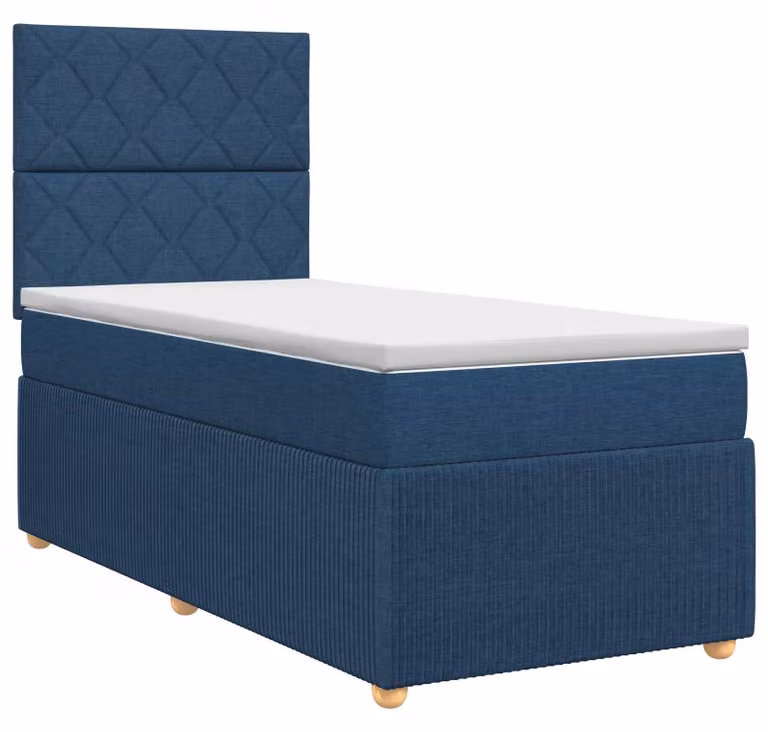 Letto a molle insacchettate con materasso e testata in tessuto blu 90 x 200 cm