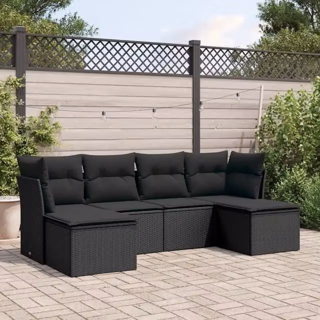 Set Divano da Giardino 6 pz con Cuscini-Sofa da Giardino-Divanetto da esterno Nero in Polyrattan 495516