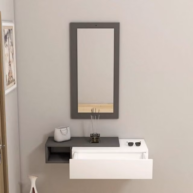 Mobile da ingresso DMORA con specchio, design moderno e sospeso, L: 82 cm, P: 30 cm, H: 16 cm
