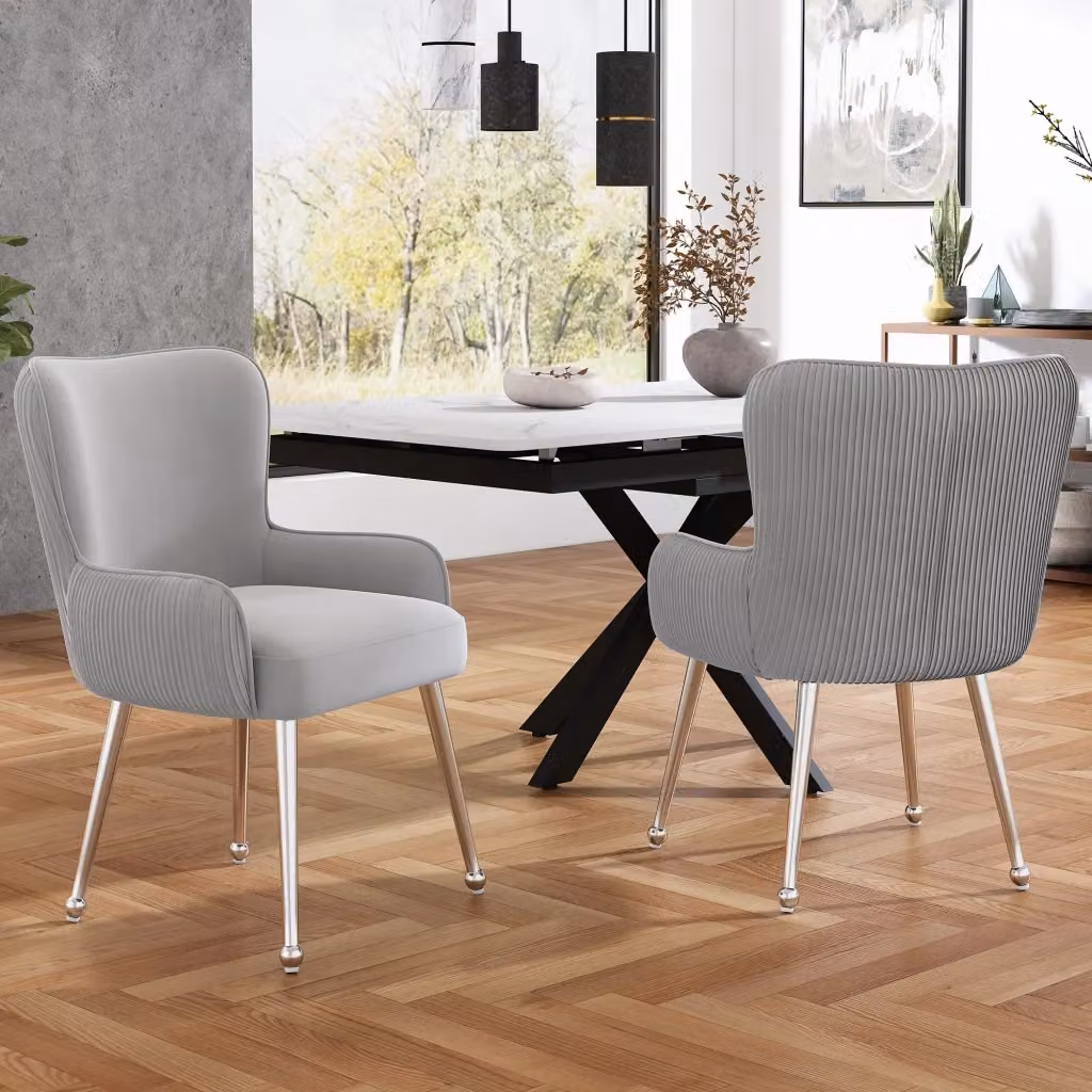 Set di 2 sedie da pranzo moderne in velluto con braccioli e supporto lombare, colore grigio argento – 2