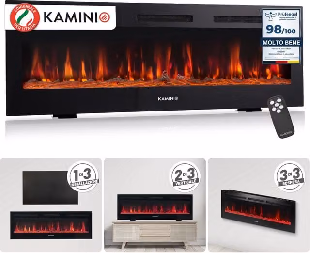 KAMINIO Camino elettrico MARLON - Camino elettrico 3 in 1 con riscaldatore, effetto fiamma 3D, 12 colori di fiamma, telecomando - 60 pollici