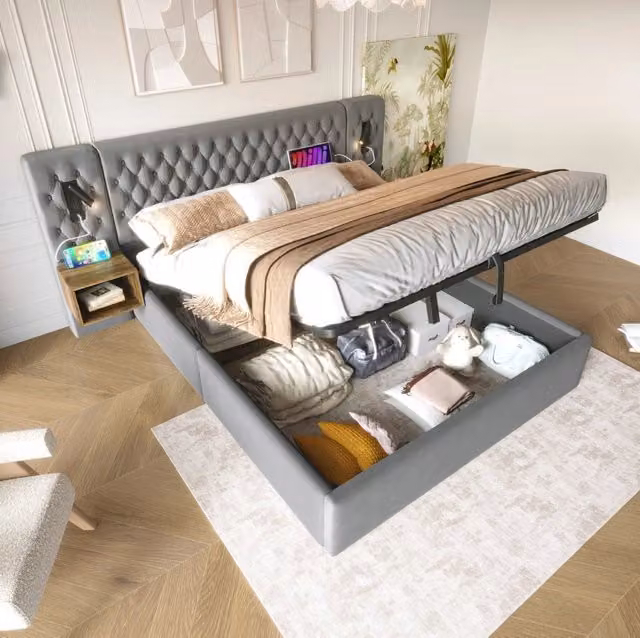 Letto matrimoniale imbottito con contenitore idraulico 160x200 cm, grigio velluto con 2 comodini, luci lettura e stazioni di ricarica USB e Type-C