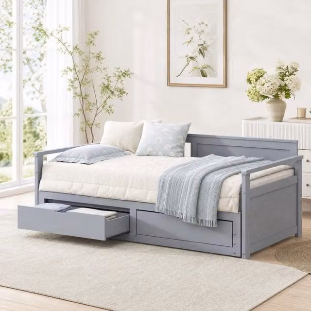 Letto daybed multifunzione MODFU con cassetti in tessuto grigio, trasformabile da 90x190 cm a 180x190 cm