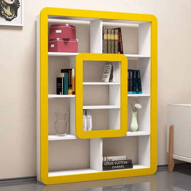 Libreria DMORA Caltrano con 8 Ripiani, Bianco e Giallo, L 108 cm x P 22 cm x H 140 cm