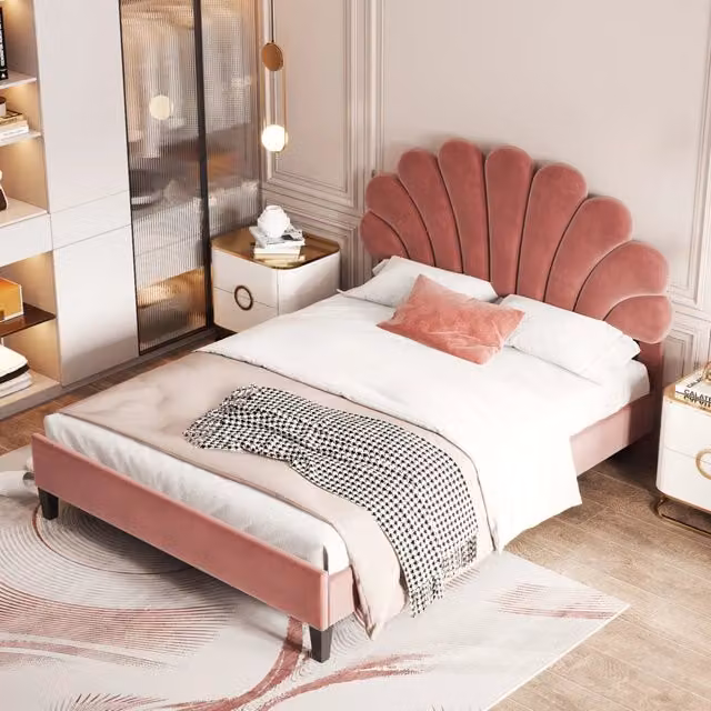 Letto matrimoniale imbottito OKWISH con testiera floreale in velluto rosso e rosa, L/P/H: 140 x 200 x 110,5 cm – 1
