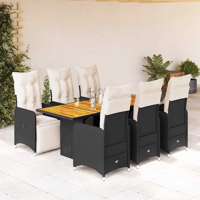 Set da Bistrò da Giardino vidaXL 7 pz in Polyrattan e Legno di Acacia con Cuscini Nero e Bianco
