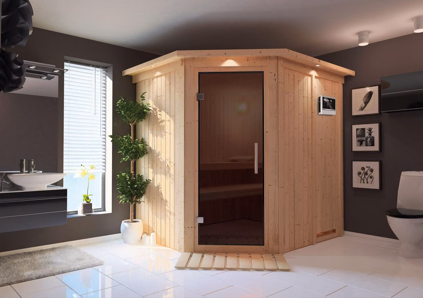 Sauna Karibu Siirin 68mm bordo tetto + riscaldatore 9kW porta esterna moderna