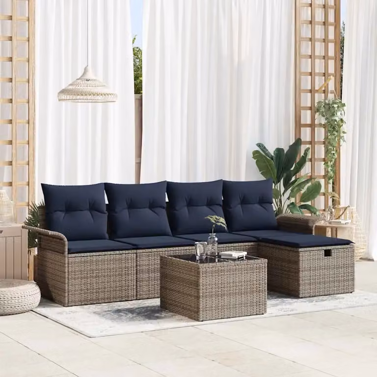 Set Divano da Giardino vidaXL 6 pz a Forma a L con Tavolino e Pouf, Colore Grigio e Nero, Struttura in Metallo e Polyrattan con Cuscini Inclusi