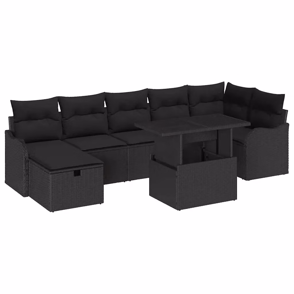 Set Divano da Giardino vidaXL in Polyrattan Nero con Cuscini e Tavolino in Vetro, 8 Pezzi – 2