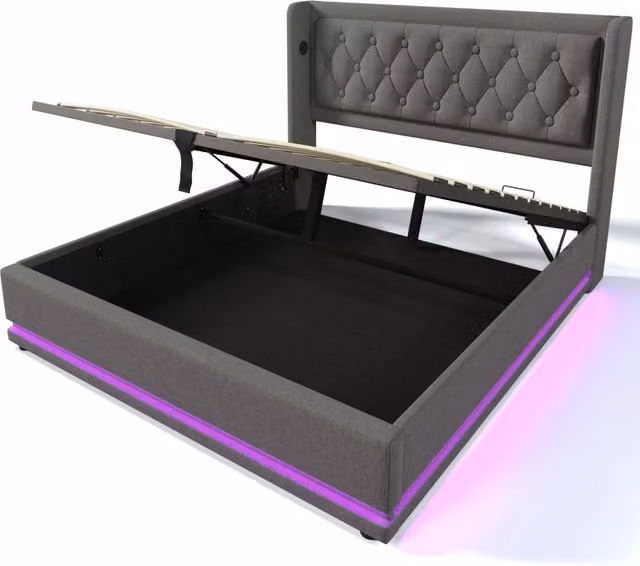 Letto matrimoniale imbottito 140x200 cm grigio in cotone con contenitore idraulico, testiera con ricarica USB Tipo-C e illuminazione LED a 3 lati (senza materasso)