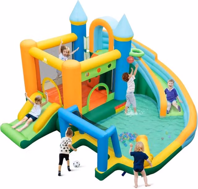 Castello Gonfiabile per Bambini, Casa Gonfiabile con Doppio Scivolo, Parete da Arrampicata, Piscina, con Borsa di Trasporto e Kit di Riparazione, per 2 Bambini di 3-10 Anni