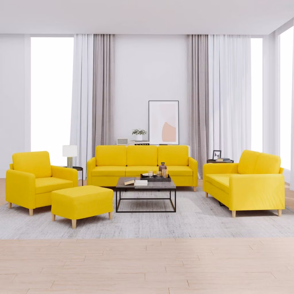 Set di divani vidaXL da 4 pezzi in tessuto giallo con cuscini, include divano a 3 posti, divano a 2 posti e pouf – 1