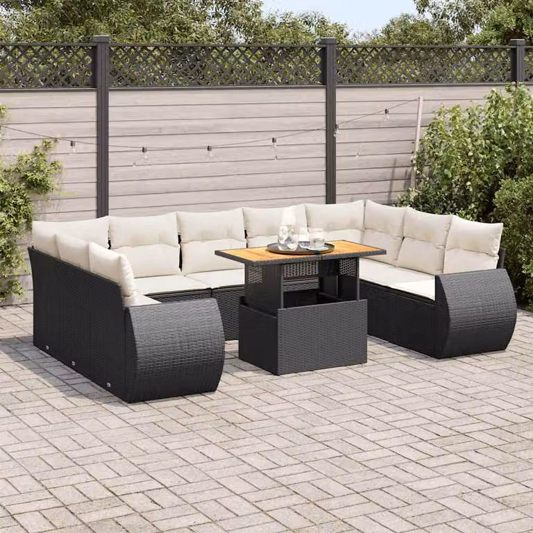 Set di divani da giardino vidaXL a forma di L con cuscini e tavolino da caffè, struttura in metallo e rattan nero e legno di acacia