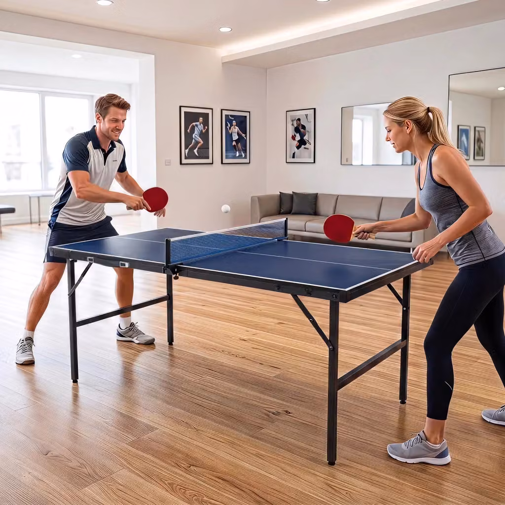 Tavolo da ping pong pieghevole rettangolare con altezza regolabile e piano in MDF laminato, completo di rete, 2 racchette e palline, colore nero e blu, L: 152,5 cm, P: 76 cm, H: 71 cm – 2