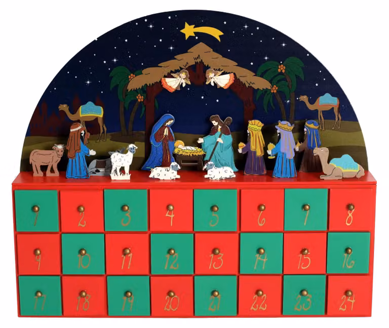 Calendario dell'Avvento in legno con scena della Natività, 24 cassetti, dimensioni 30x5x25 cm