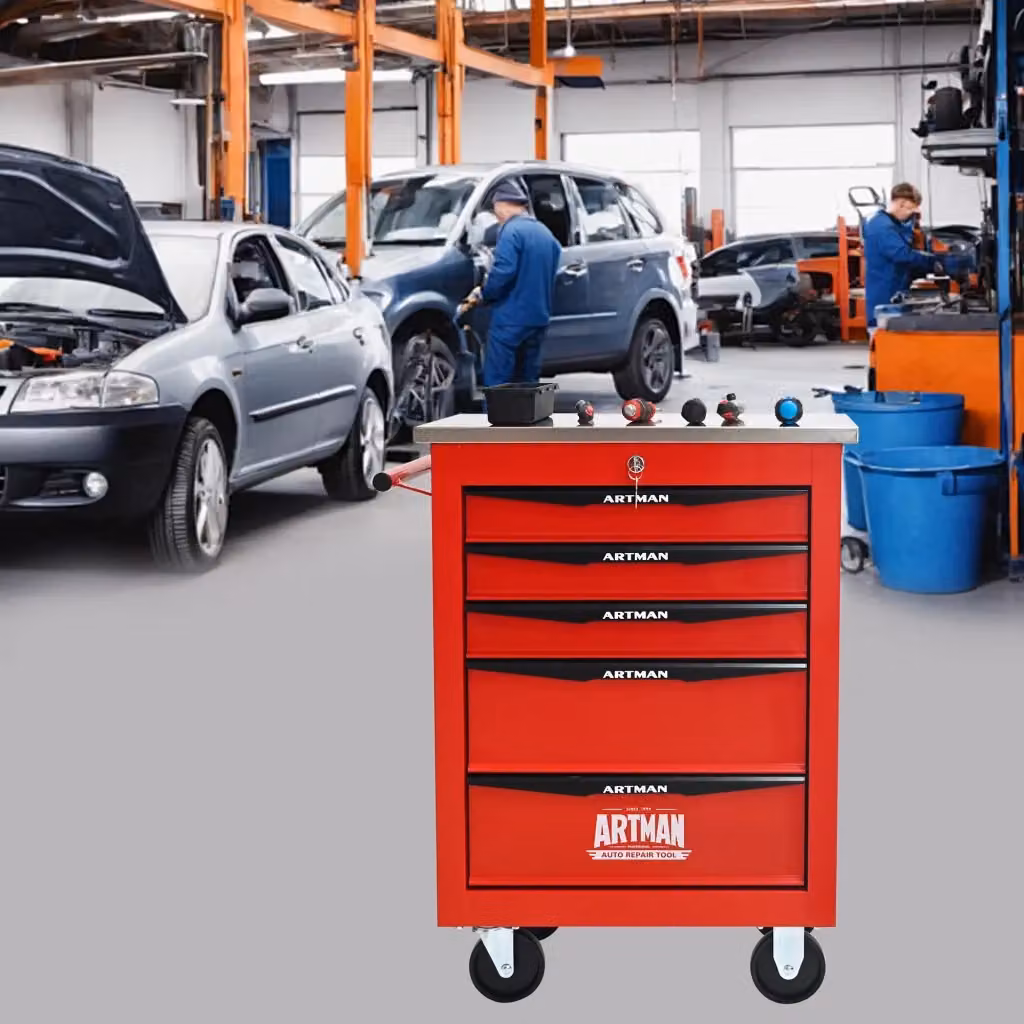 Carrello portautensili OKWISH in acciaio con 5 cassetti, serratura, piano d'appoggio e 4 ruote, rosso nero, L: 78,0 cm, P: 44,2 cm, H: 86,5 cm – 2