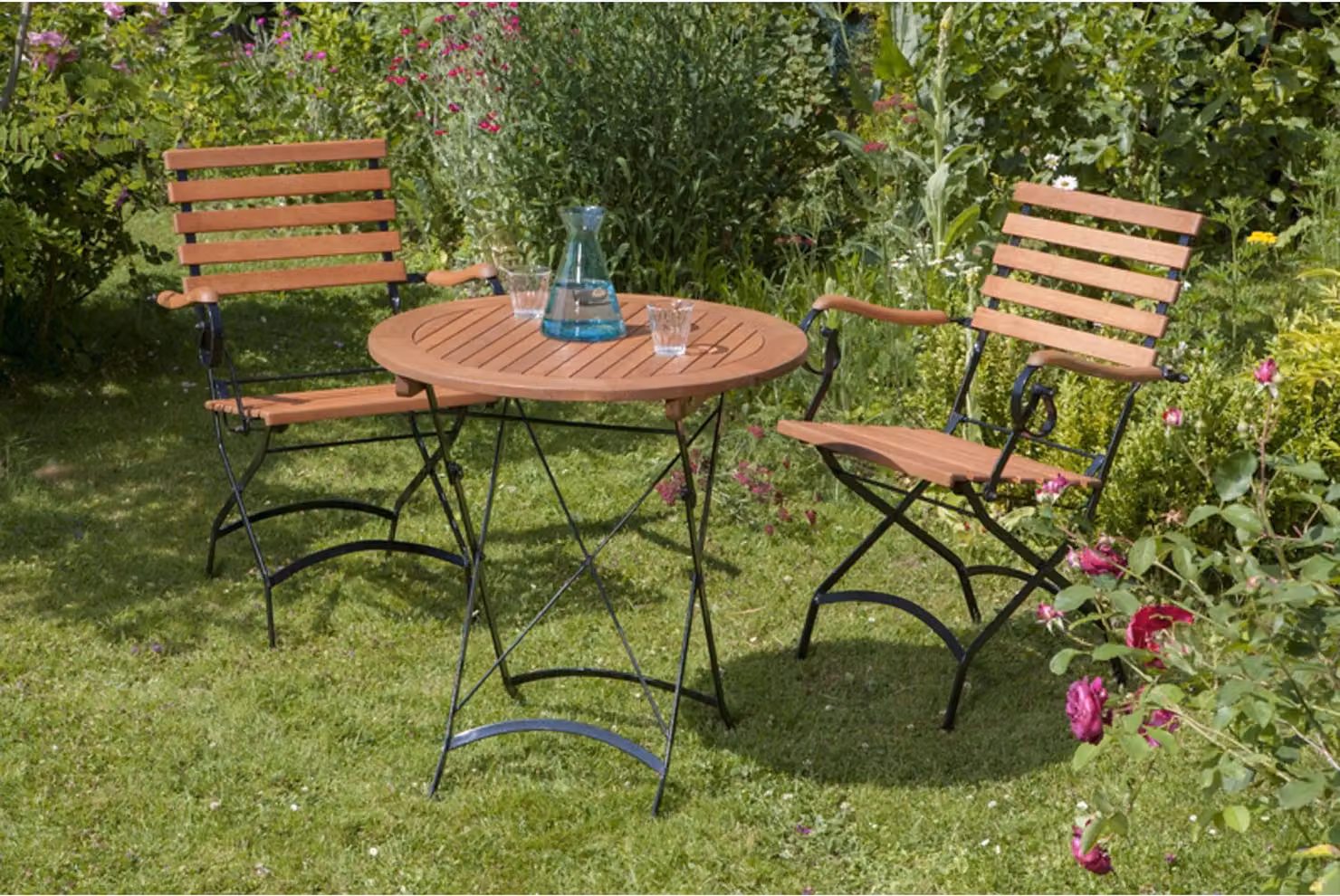 Set da balcone Merxx Schlossgarten 3 pezzi, 2 sedie pieghevoli, tavolo pieghevole Ø 70 cm - acciaio piatto con eucalipto