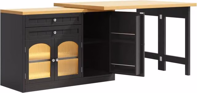 Tavolo Isola da Cucina Estendibile 120–194cm con Piano Girevole a 360°, Ante in Vetro, Cassetti e Mensole Snack, Bianco/Nero