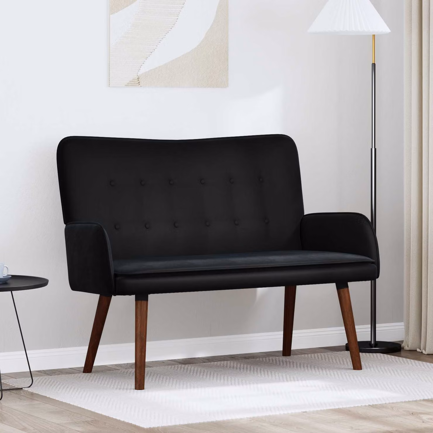 Divano a 2 posti vidaXL in velluto nero, design moderno e lineare, L: 115 cm, P: 61 cm, H: 87 cm
