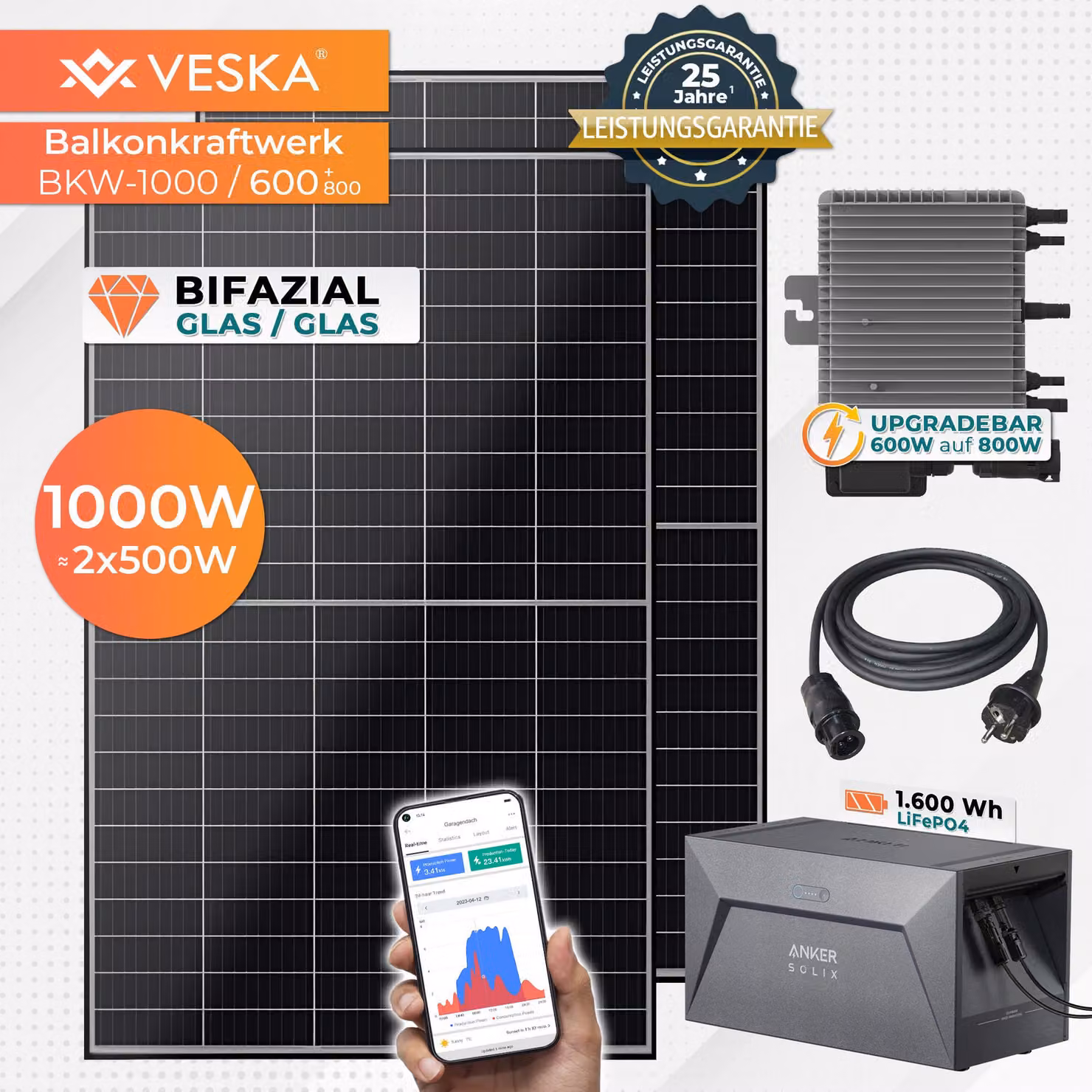 Centrale elettrica da balcone 1000 W bifacciale con accumulo Sistema solare ad ancora pronto per essere collegato WIFI Mini impianto fotovoltaico 800 watt senza licenza, nero