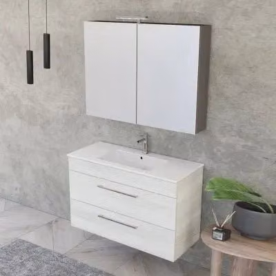 Mobile bagno sospeso INBAGNO Smart bianco e legno con specchio contenitore a LED L: 100 cm, P: 43 cm, H: 65,7 cm – 1
