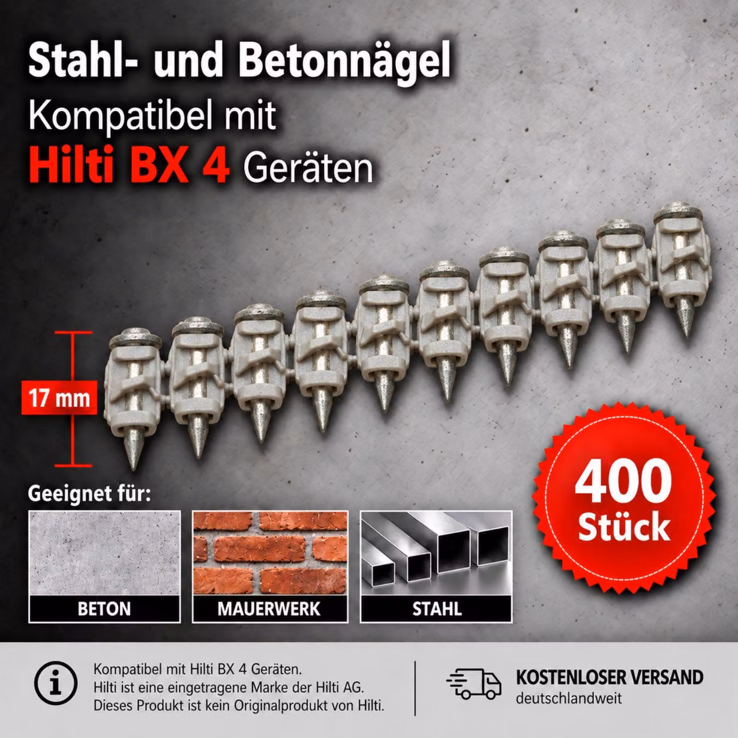 400 chiodi compatibili con Hilti BX 4 da 17 mm – chiodi per calcestruzzo, chiodi in acciaio