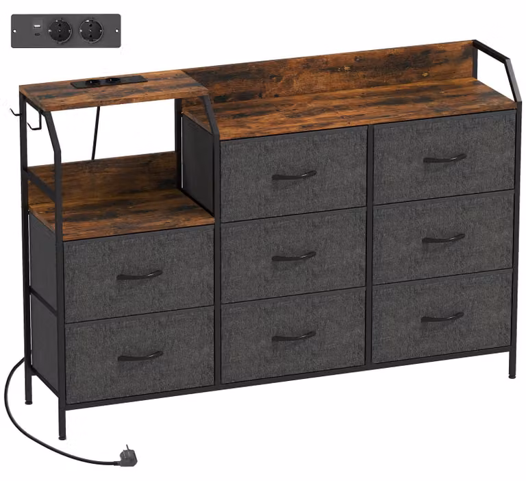 Comodino con 8 cassetti rivestiti in tessuto | Colore: Marrone rustico + Nero | Dimensioni: 130,5 x 30 x 88 cm