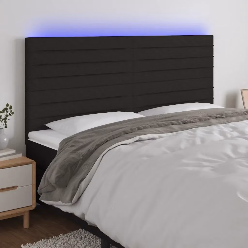 Testiera moderna con illuminazione LED e porta di ricarica USB in tessuto nero, L: 200 cm, P: 5 cm, H: 118/128 cm – 2