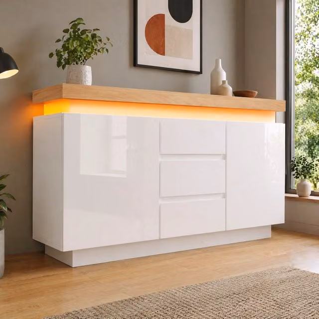 Sideboard bianco lucido con LED; 2 ante e 3 cassetti; 140x39x81 cm in truciolare e MDF