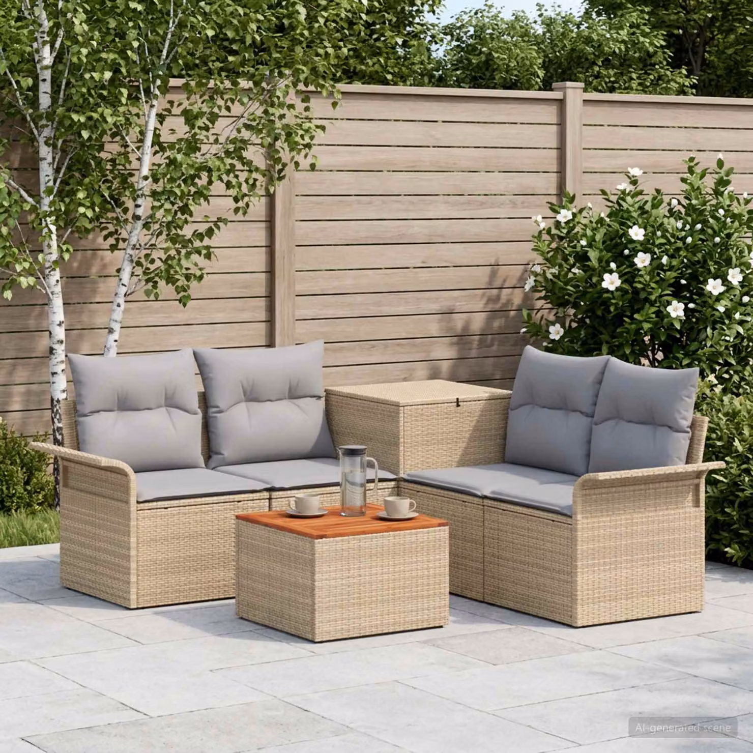 Set di divani da giardino vidaXL composto da 6 pezzi con tavolino, struttura in metallo e cuscini inclusi, colore beige e grigio chiaro