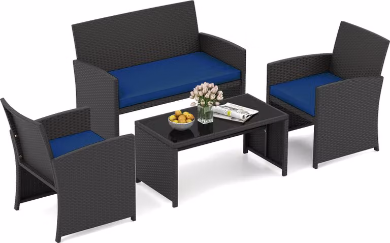 Set di mobili da giardino in polyrattan COSTWAY, mobili da esterno, set composto da 2 sedie, panca, tavolo e cuscini, mobili da terrazza, set da giardino blu