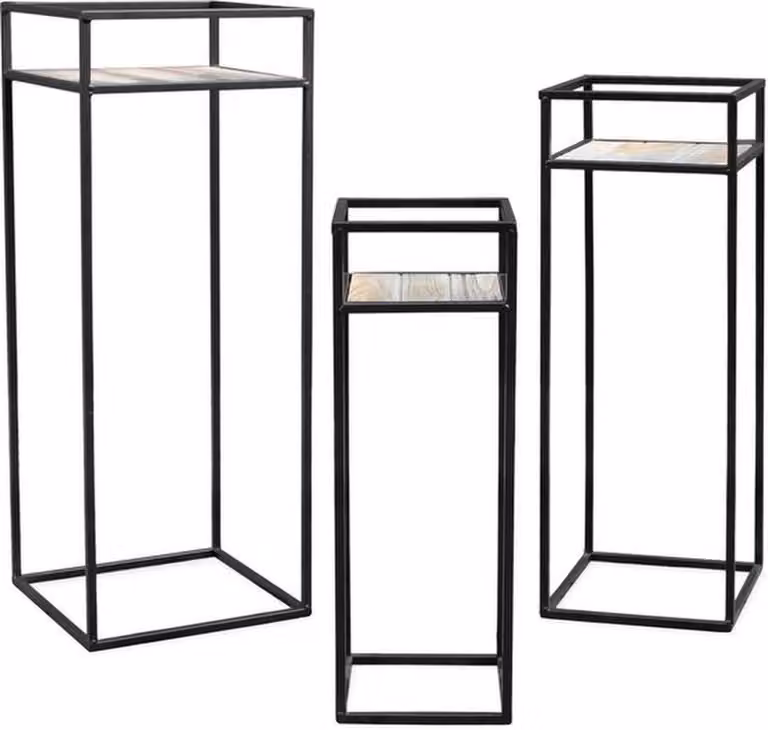 Set composto da tre vasi da fiori decorativi in metallo con vaso in legno