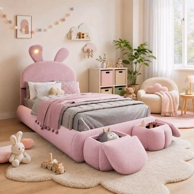 Letto singolo imbottito con orecchie da coniglio LED; velluto rosa; 90x200 cm