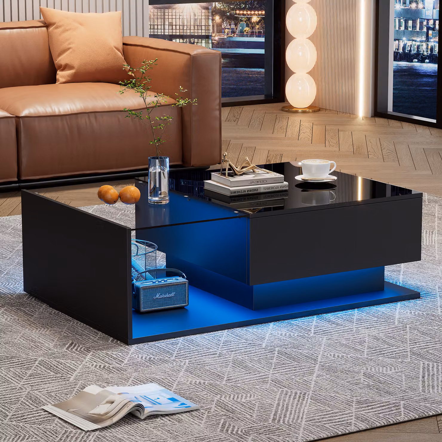 Tavolino Merax con piano in vetro e cassetto, tavolino lucido con LED incl. APP, tavolino da salotto 100x50x32cm, nero