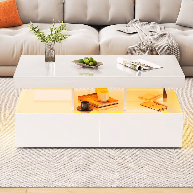 Tavolino ProximaX in bianco lucido - Con illuminazione a LED e 2 cassetti - Moderno, elegante e pratico per i soggiorni